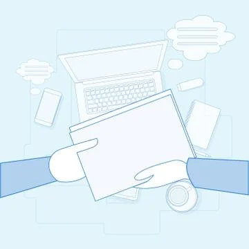 People Give Document Contract Workplace Desk Laptop Computer Top Angle View Illustrazione stock