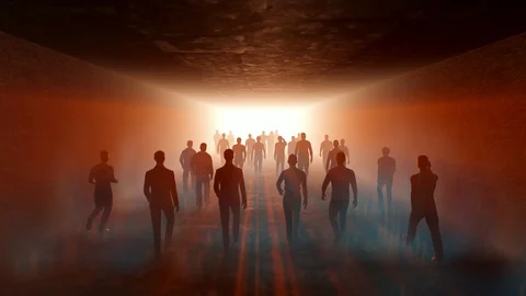 People go to light in orange violet ash fog. In long tunnel Stock-Footage 128652013