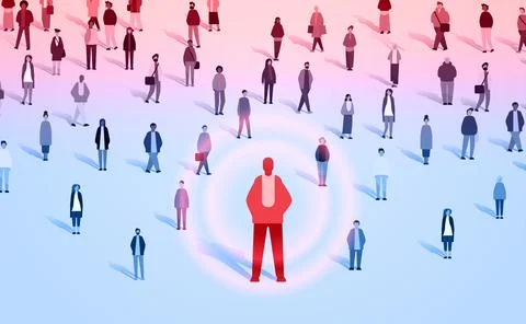 People group around red man silhouette creative person standing out from grey Stock Illustration