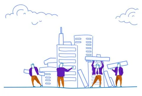 People group construction house skyscraper workers team building process Stock Illustration
