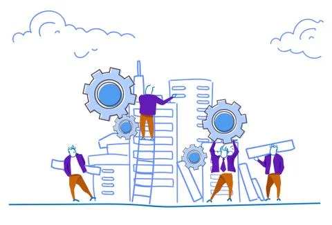 People group construction house skyscraper workers team building process Stock Illustration