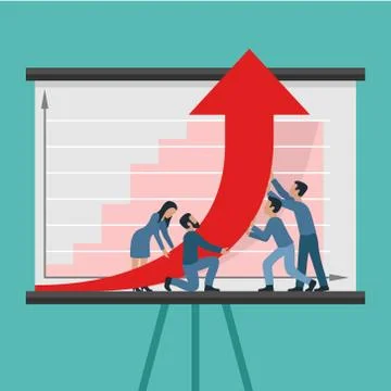 People group in flipchart with graph holding arrow Stock Illustration