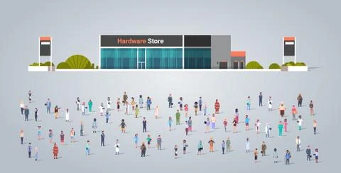 People group in front of hardware store building different occupation employees Ilustración de archivo