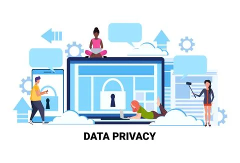 People group padlock computer screen data protection privacy concept team 스톡 일러스트