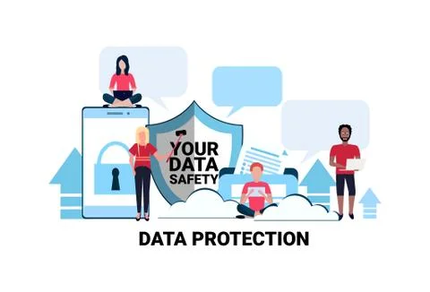 People group padlock mobile chat bubble app shield data protection privacy Illustrazione stock