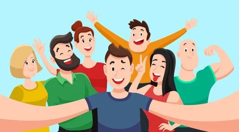 People group selfie. Friendly guy makes group photo with smiling friends on.. Stock Illustration