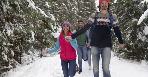People Group Snow Forest Happy Smiling Young Friends Talking Walking Outdoor Stock Footage 70970085