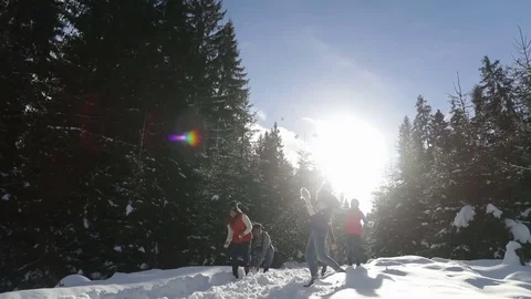 People Group Snow Forest Young Friends Having Fun Playing Snowballs Outdoor Stock Footage 70967281