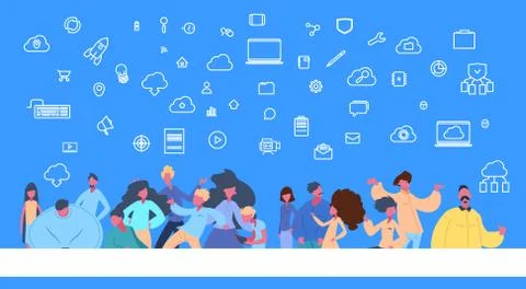 People group standing online data cloud synchronization social network icon over Stock Illustration