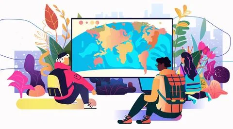 People group studying world map community education outdoor learning colorful Stock Illustration