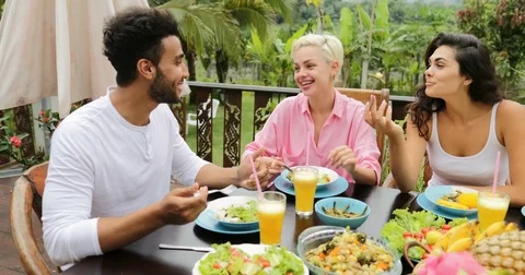 People Group Talk Eating Healthy Vegetarian Food, Friends Communication Sitting Stock Footage
