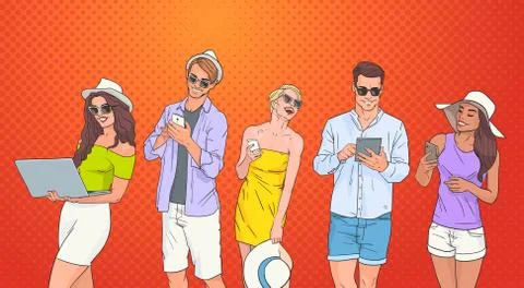 People Group Use Cell Smart Phone Tablet Laptop Computer Chatting Online Over Stock Illustration