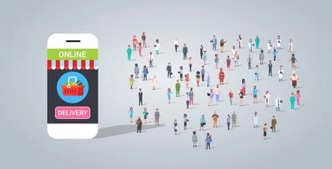 People group using mobile app food delivery concept different occupation Stock Illustration