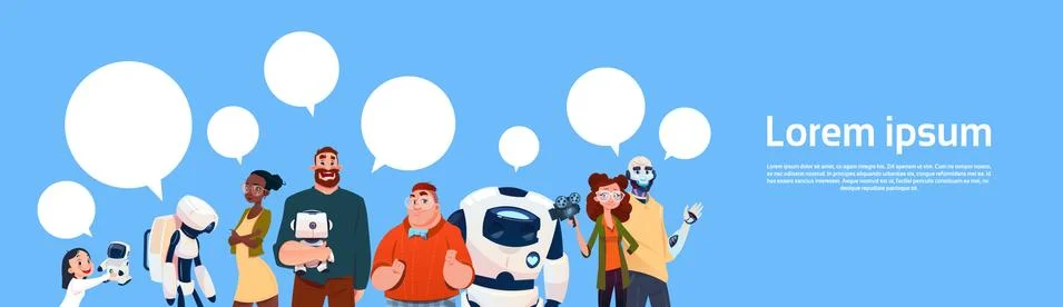 People Group Using Modern Robots, Robotic Assistance Artificial Intelligence Illustrazione stock