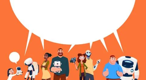 People Group Using Modern Robots, Robotic Assistance Artificial Intelligence Illustrazione stock