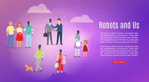 People groups and robots, robotic assistance artificial intelligence and Stockillustratie