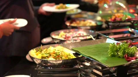 People hand grab various meat and vegetable buffet japanese food meal Stock Footage 149368121