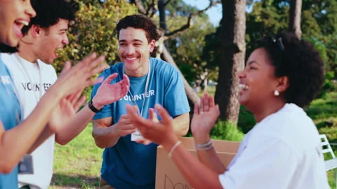 People, hand stack and nature for volunteering, food drive and teamwork success Stock Footage 347410079