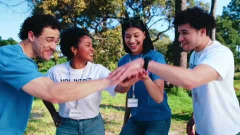People, hand stack and park for volunteering, teamwork and event success for Stock Footage 347177198