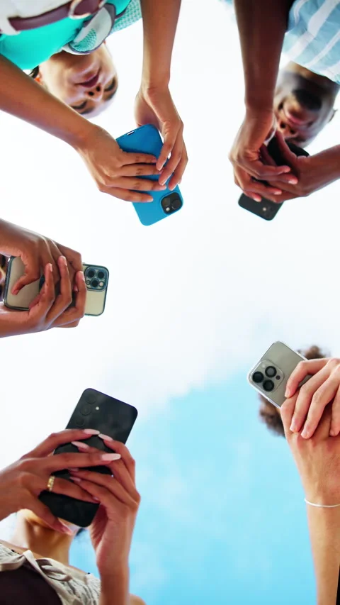 People, hands and circle with phone for network, data sync or sharing app below Stock Footage 335359273