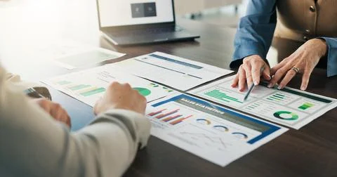 People, hands and meeting with documents for data analysis, sales performan.. Stock Photos