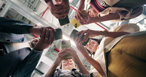 People, hands and network with phone in office for data sync, sharing app or Stock Footage 340790359