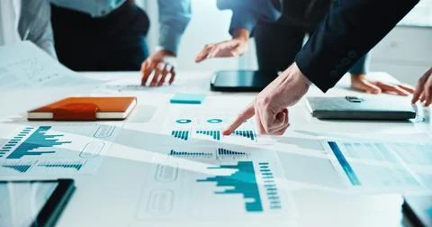 People, hands and pointing with documents for analytics, performance meeting or Stock Photos