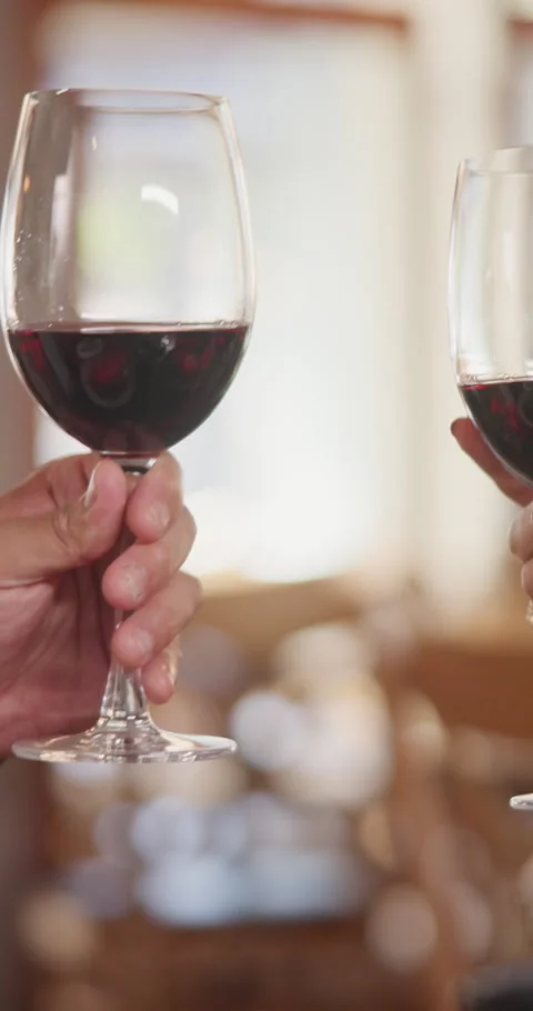 People, hands and red wine with cheers in restaurant for romantic dinner, date Stock Footage 340610933