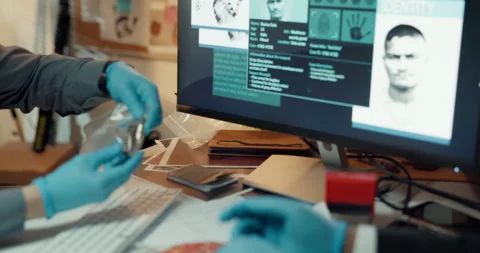 People, hands and screen with evidence for suspect, serial killer or criminal Stock-Footage 314795895