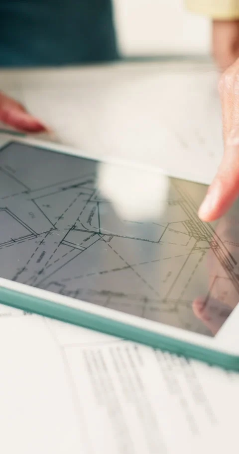 People, hands and tablet screen with blueprint for planning, home renovation and Stock Footage 340876924