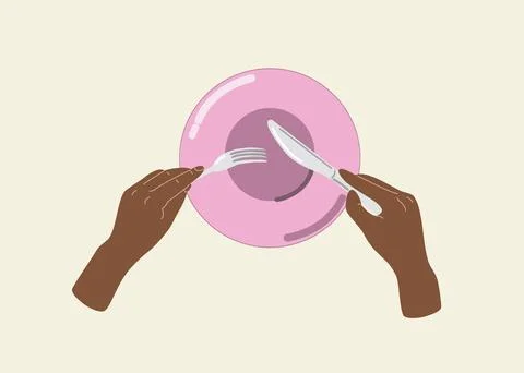 People hands eating close up vector illustration. Palms using fork and knife on Stock Illustration