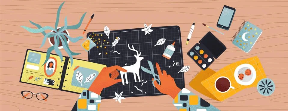 People hands making diy craft or creative activity Stock Illustration