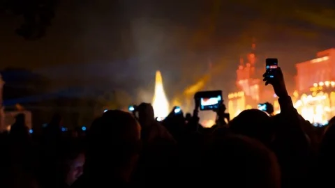 People Hands Shooting Projection Mapping Show in Peterhof, Russia Stock Footage 71332012