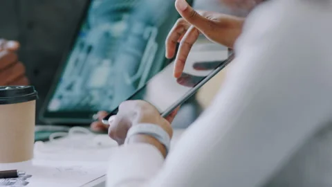 People hands, tablet and engineering meeting for 3d model, product design and Stock Footage 224823220