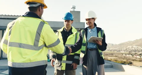 People, handshake and talking at construction site for planning, project Stock Footage 345572134