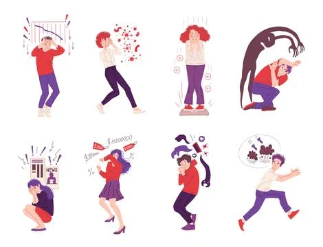 People have panic attacks or phobia fears, flat vector illustration isolated. イラスト素材