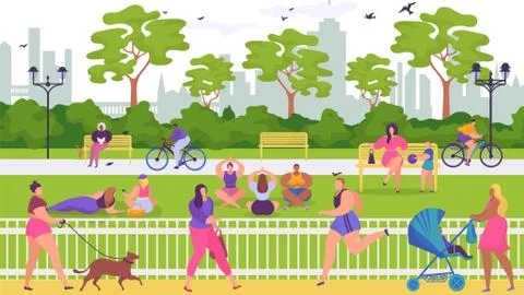 People have rest in park, vector illustration. Flat outdoor activity at nature 스톡 일러스트