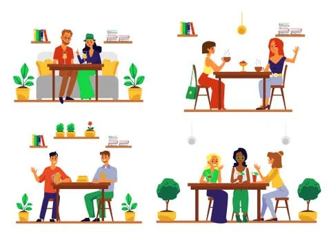 People having conversation over drinks - set of men and women in bar or cafe Ilustração Stock