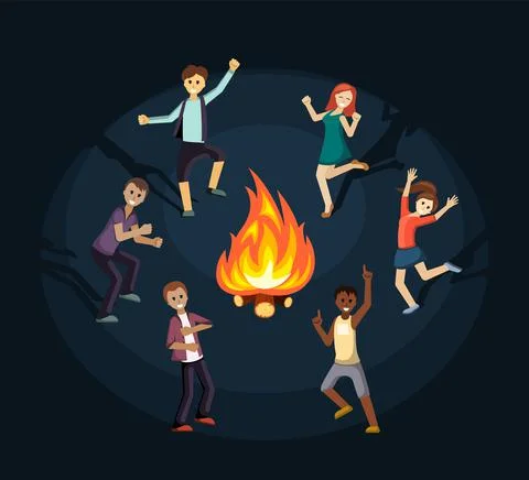 People having fun and dancing near fire illustration. Night party in nature Stockillustratie