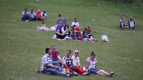 People having fun in the highlands. Selfie photos are taken. Speaking to friends Stock Footage 148884639