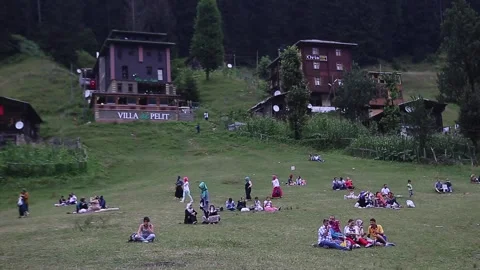 People having fun in the highlands. Selfie photos are taken. Speaking to friends Stock Footage 148884666