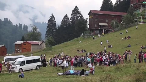 People having fun in the highlands. Selfie photos are taken. Speaking to friends Stock Footage 148884862