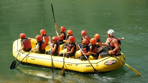 People having fun or doing sport on rubber on the river rafting Stock Footage 112260111