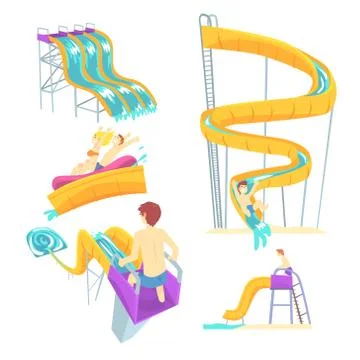 People having fun playing water slides, set for label design. Cartoon detailed Stock Illustration