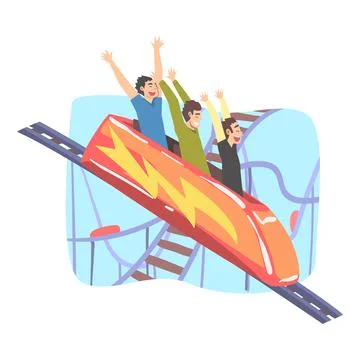 People Having Fun in Roller Coaster, Laughing Boys Riding Small Fast Open Car in Stock Illustration
