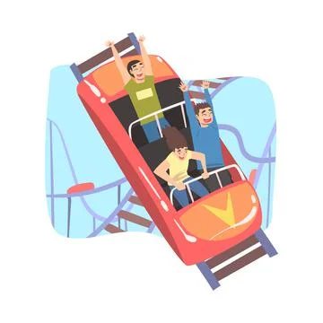People Having Fun in Roller Coaster, Top View of Excited Young People Riding Illustrazione stock