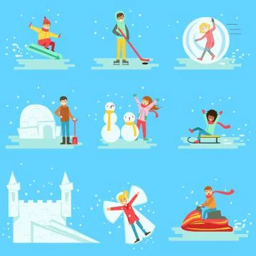 People Having Fun In Snow In Winter Collection Of Illustrations Ilustración de archivo