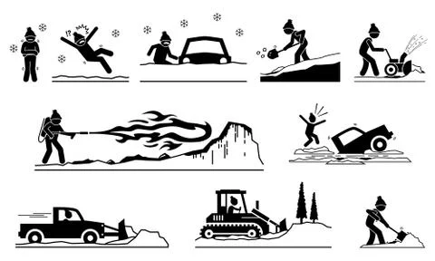 People having problems with snow and ice during winter. Pictogram depicts ico Stock Illustration