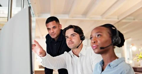 People, headset and team with computer at call center for advice, insight or mic Stock Photos