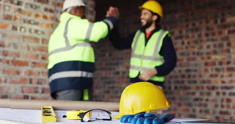 People, helmet and high five on construction site with equipment, certified Stock Footage 336844565